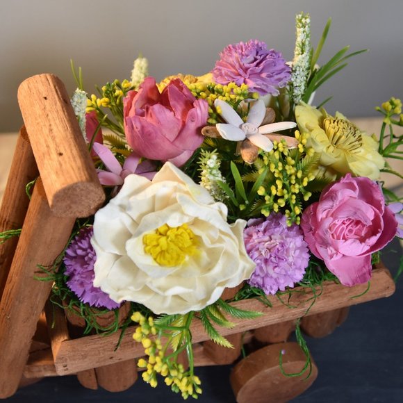 Cheerful garden arrangement of airbrushed Sola wood flowers in a garden cart - Picture 13 of 15
